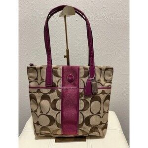 Coach Zip Top Tote Signature Gold/Khaki Logo Canvas Fuchsia Leather Trim F25771